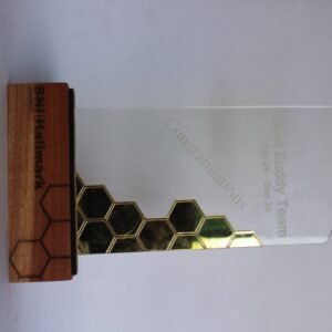 glass and wooden award trophy.